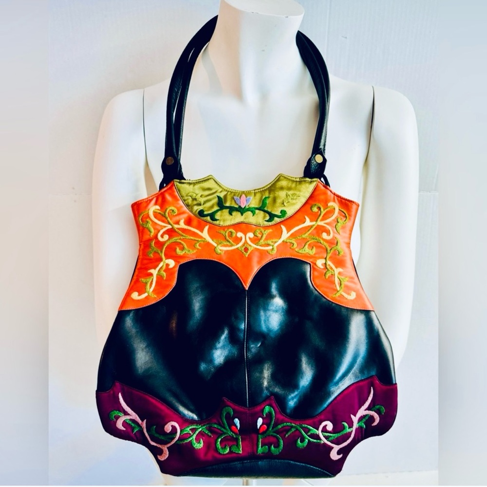 Vtg.Oovoo-Black shiny leather with orange+purple with hand embroidered silk.